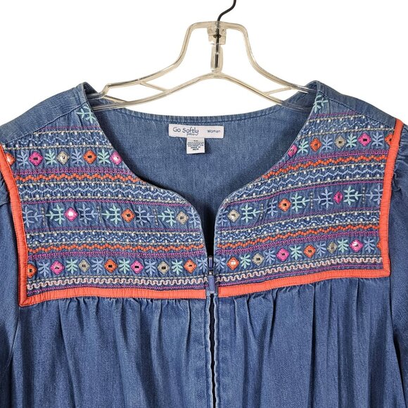 Go Softly Patio Dress 1X Pink Embroidered Zip Front Apron Pockets Cottagecore - Picture 3 of 10